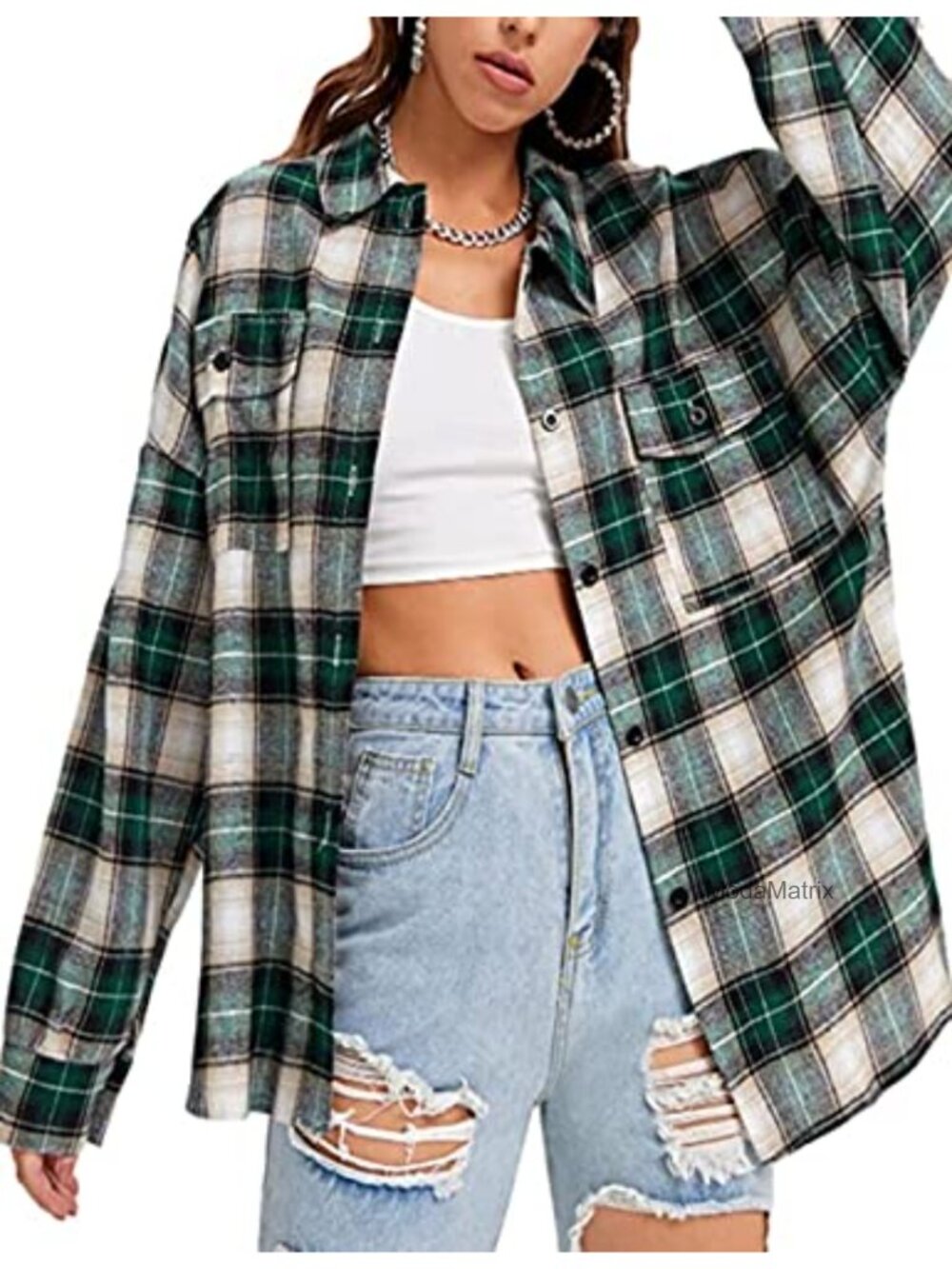 Oversized Plaid Button Down Flannel Shirt Long Sleeve Cotton Blouse Top